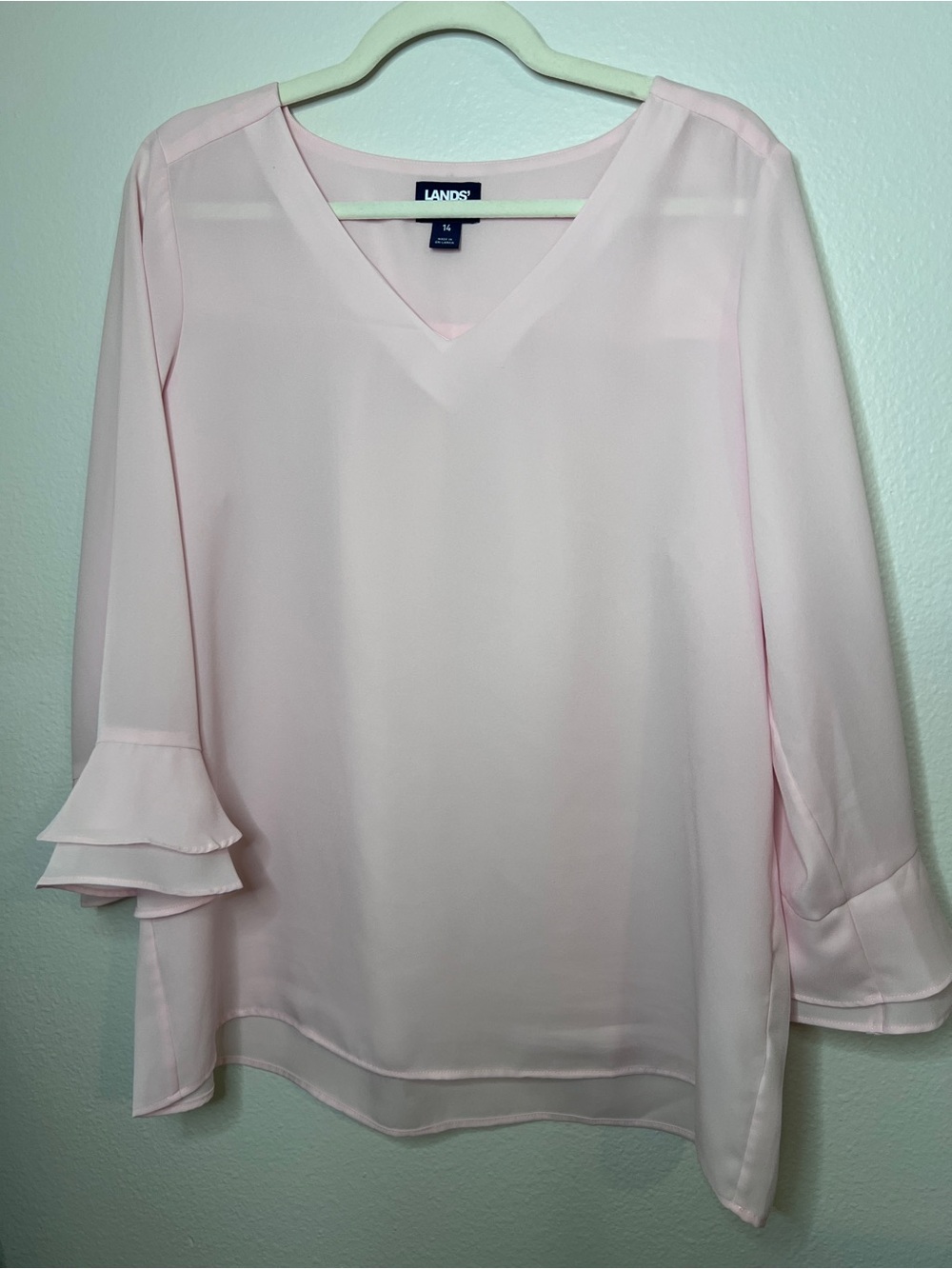 Lands' End Light Pink V-Neck Ruffle Sleeve Blouse